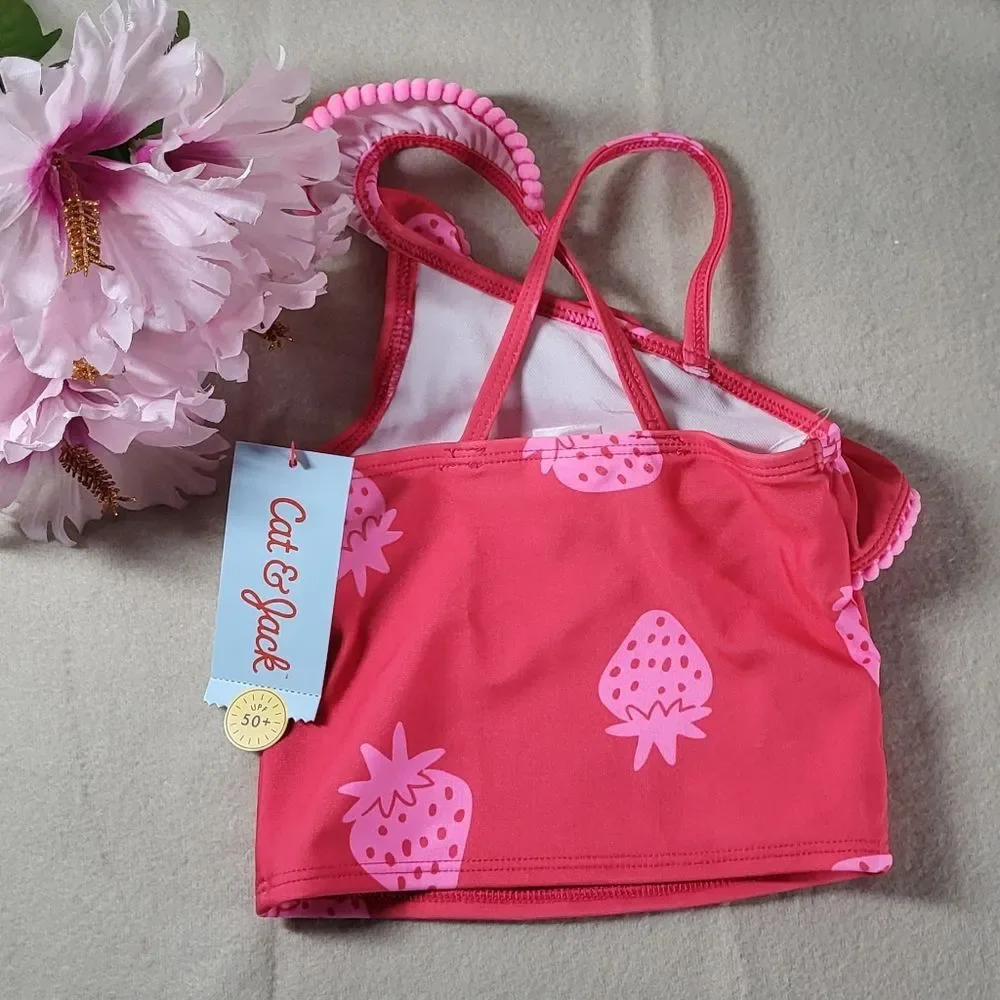 Cat & Jack NWT Baby Girl Pink Strawberry One Shoulder Ruffle Swim Top Sz 18M